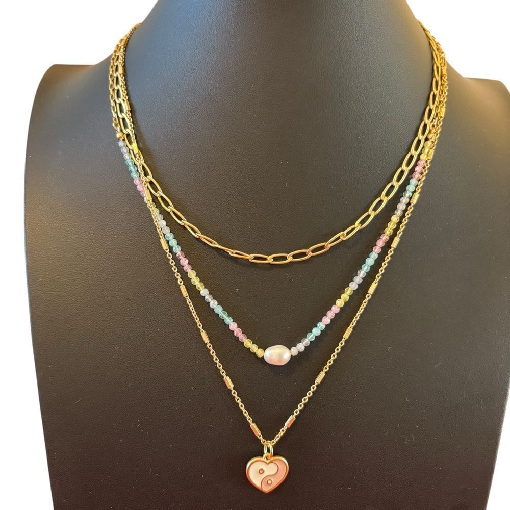 Rainbow Beaded Enamel Charm Layered Matte Gold Toned Necklace.